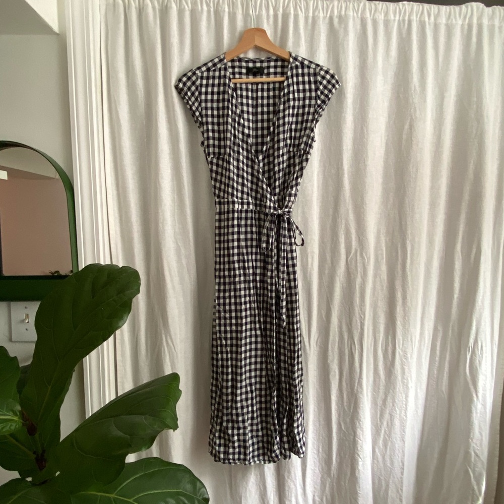 J Crew Midi Gingham Wrap Dress Navy White XXS